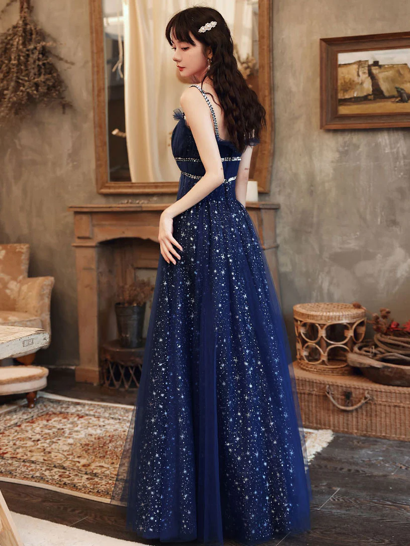 Blue Tulle A line Sequin Long Prom Dress, Blue Tulle Formal Dress - Deanwangkt
