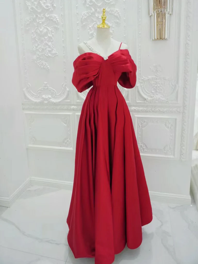 A-Line Satin Off Shoulder Red Long Prom Dress, Red Long Evening Dress - Deanwangkt