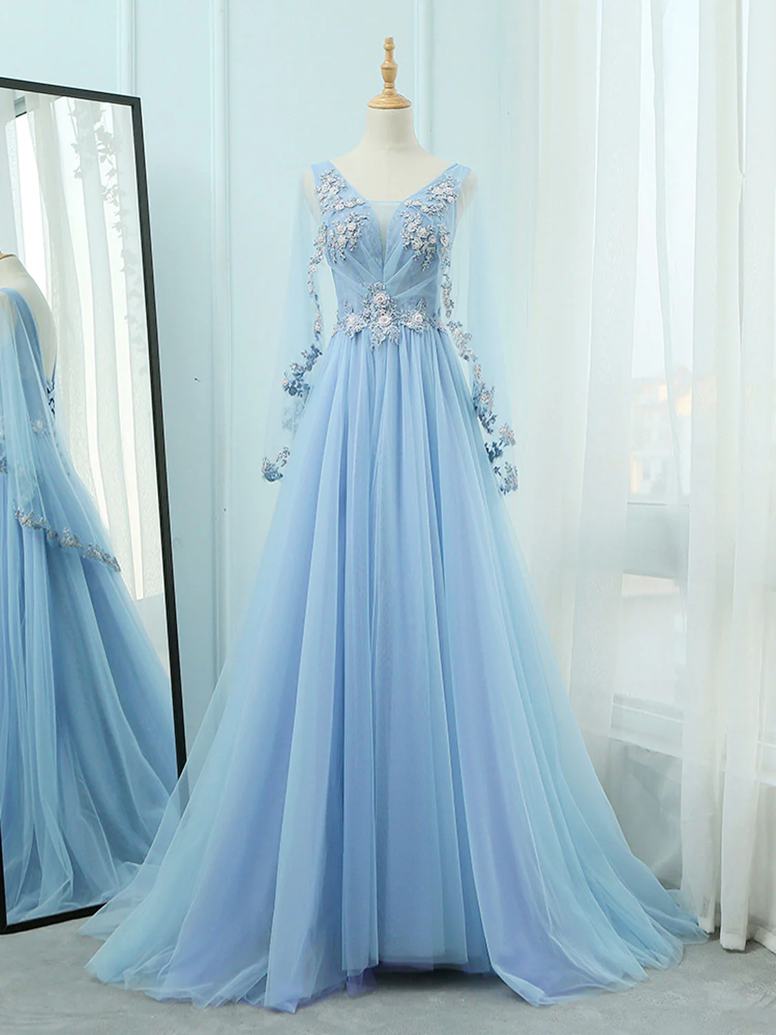 A-Line V Neck  Tulle Lace Blue Long Prom Dresses, Blue Formal Evening Dress - Deanwangkt