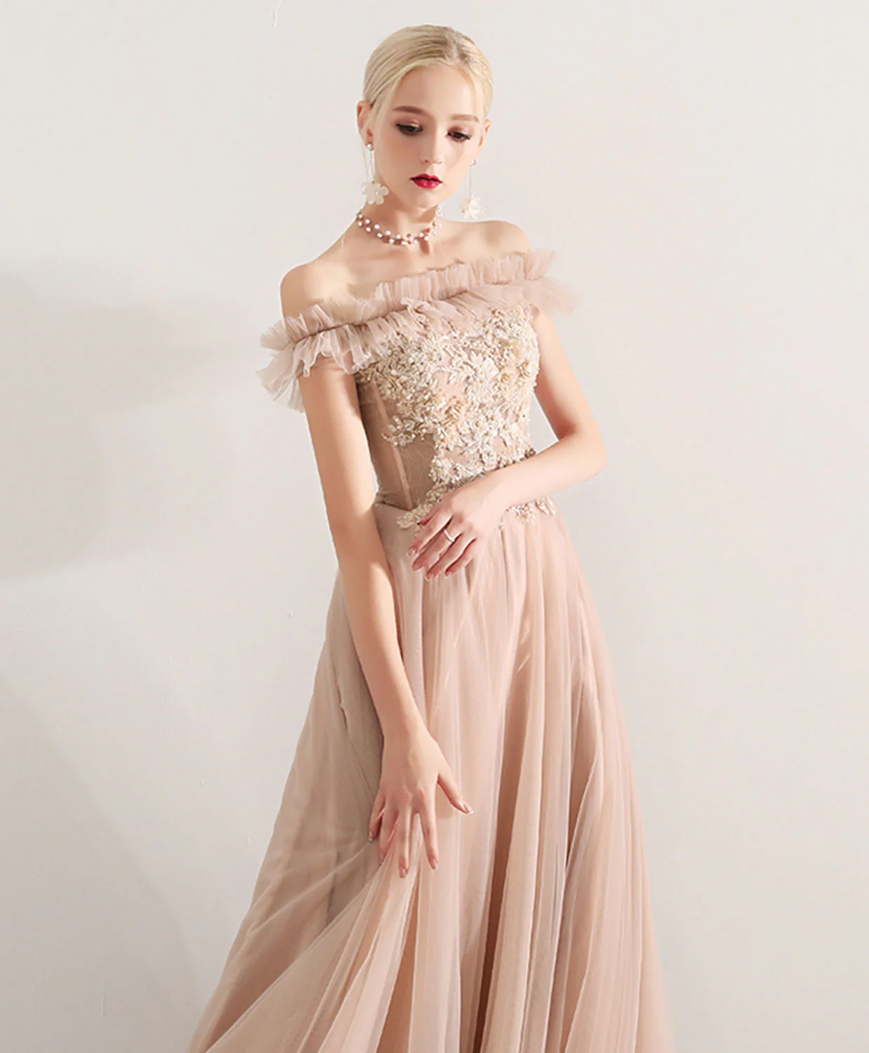 Champagne Tulle Lace Long Prom Dress, Champagne Tulle Evening Dress - Deanwangkt