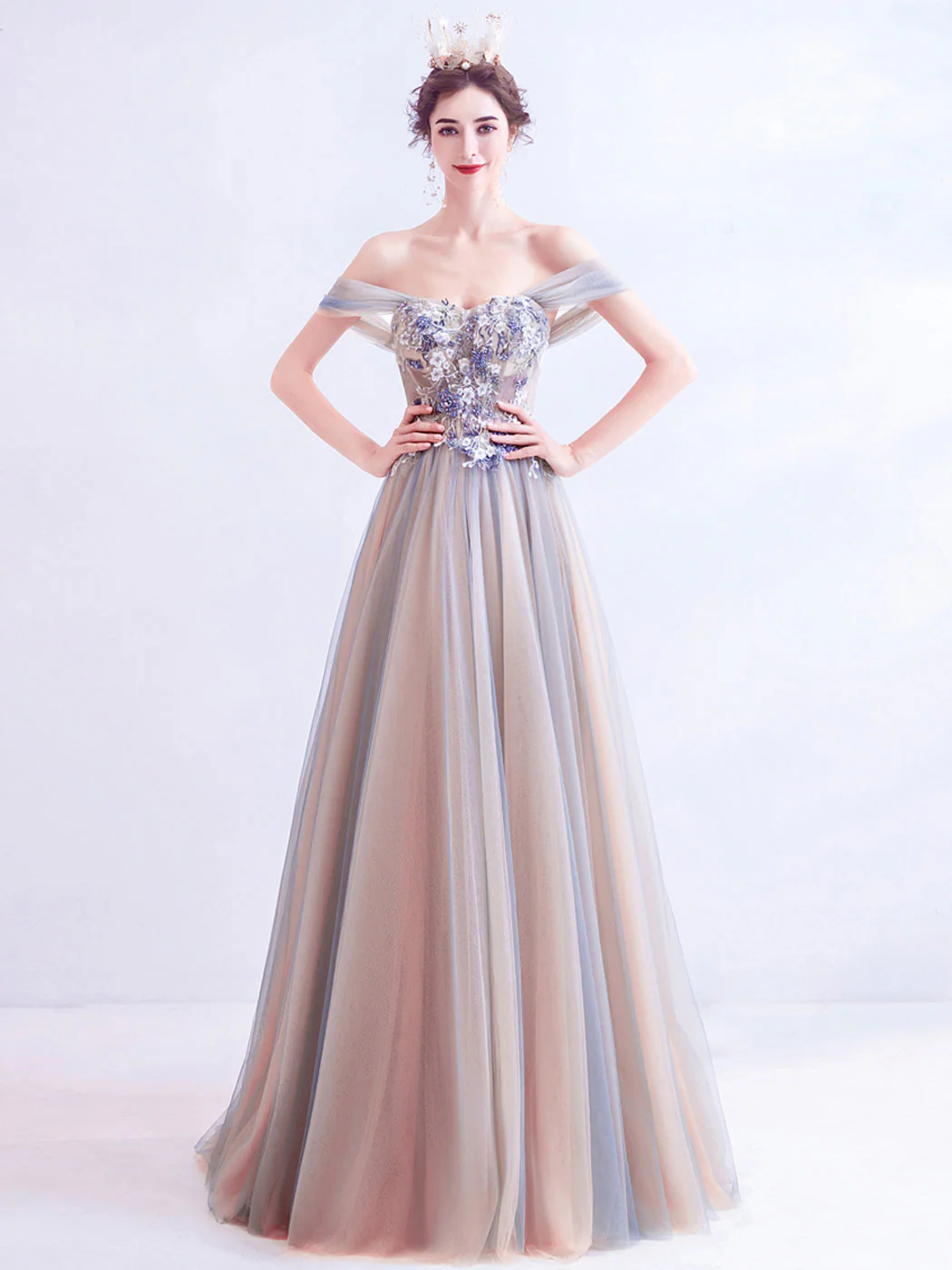 A-Line Off Shoulder Lace Champagne Long Prom Dress, Champagne Formal Dresses - Deanwangkt