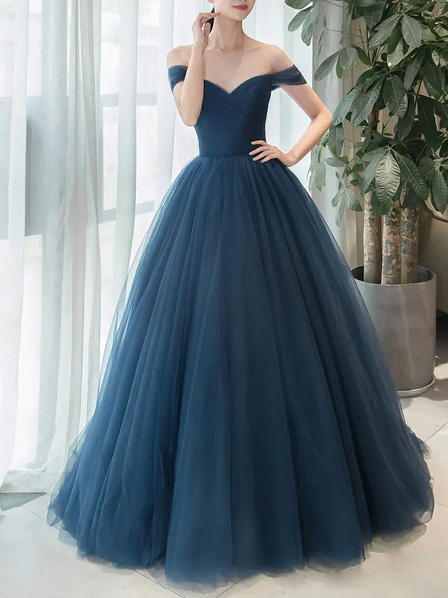 Simple Blue off Long Prom Dresses, V NeckTulle Bridesmaid Dresses - Deanwangkt