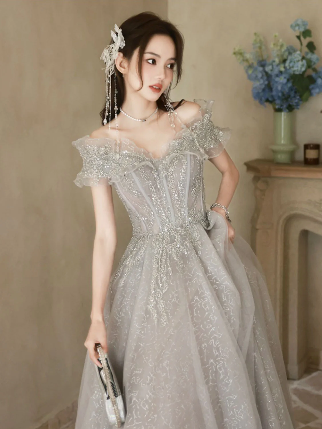 A-Line Off Shoulder Tulle Sequin Gray Long Prom Dress, Gray Formal Dress - Deanwangkt