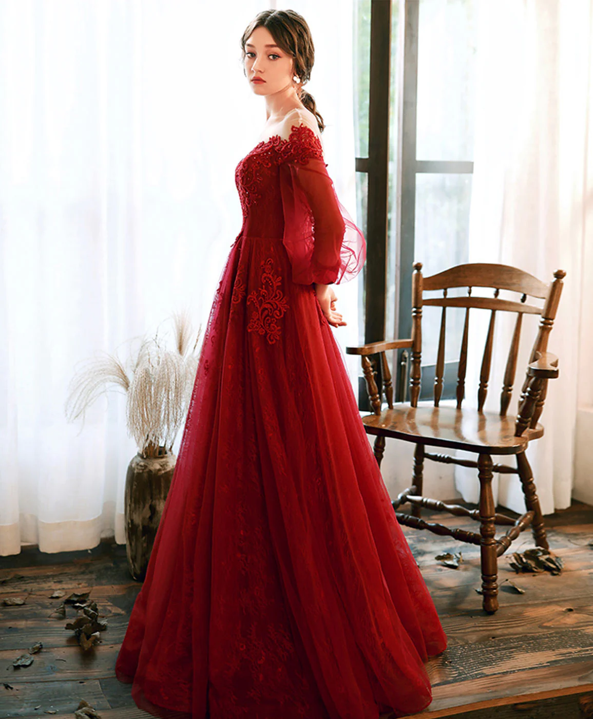 Burgundy Round Neck Tulle Beads Long Prom Dress Burgundy Evening Dress - Deanwangkt