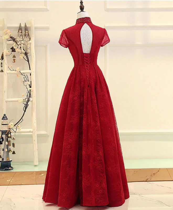 Burgundy High Low Lace Long Prom Dress, Burgundy Evening Dress - Deanwangkt