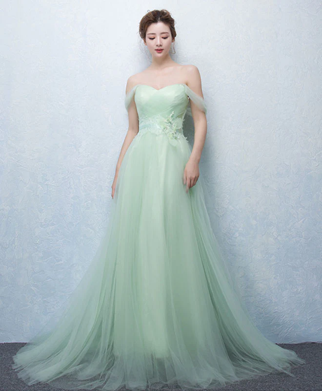 Cute Green Tulle Lace Long Prom Dress, Green Evening Dress - Deanwangkt