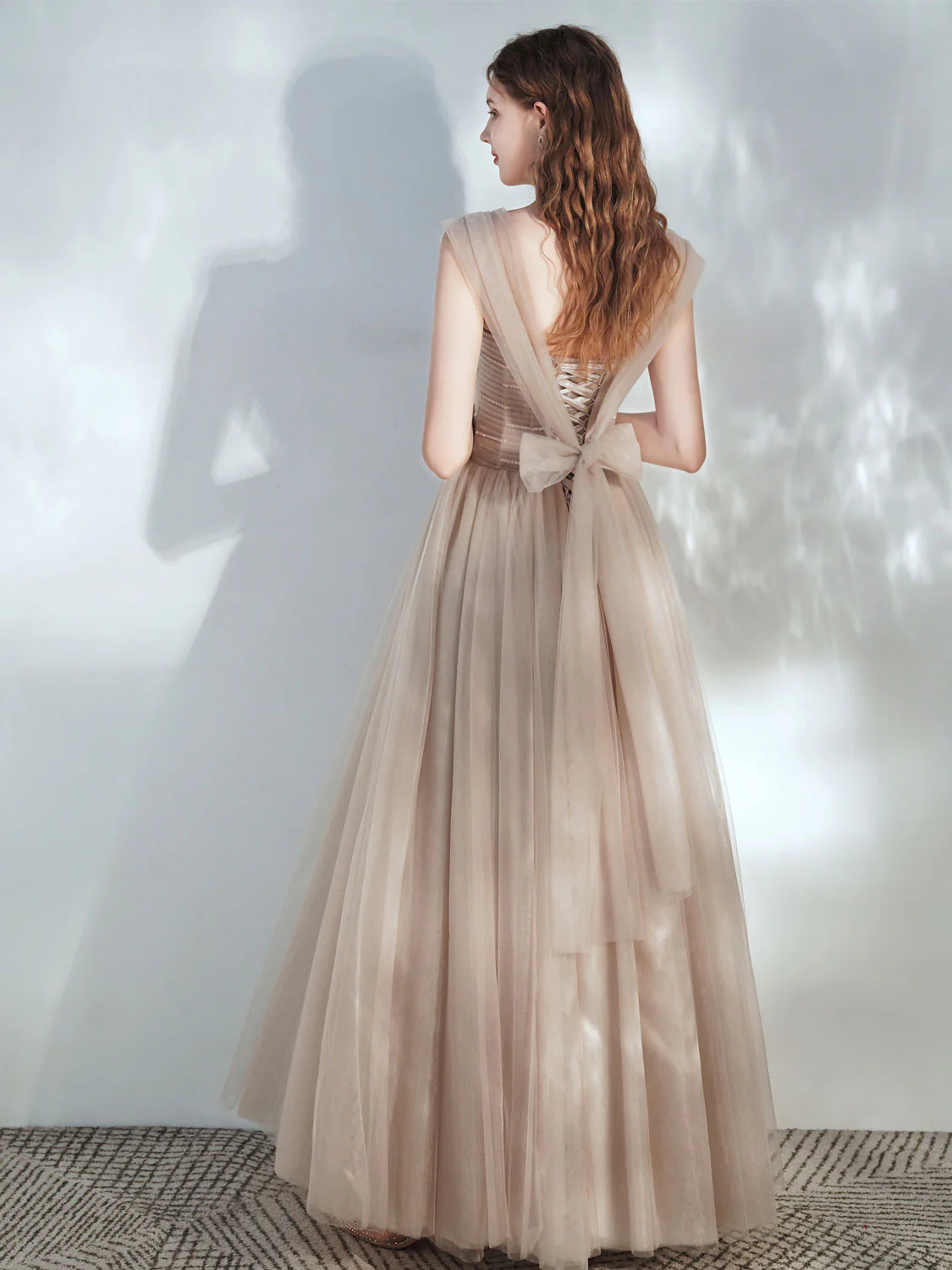 A-Line Tulle Champagne Long Prom Dress, Champagne Formal Dresses - Deanwangkt