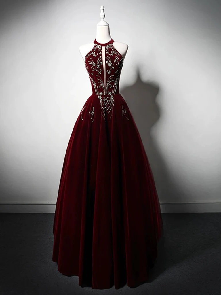 A-Line Velvet Sequin Beads Burgundy Long Prom Dress, Burgundy Long Formal Dress - Deanwangkt