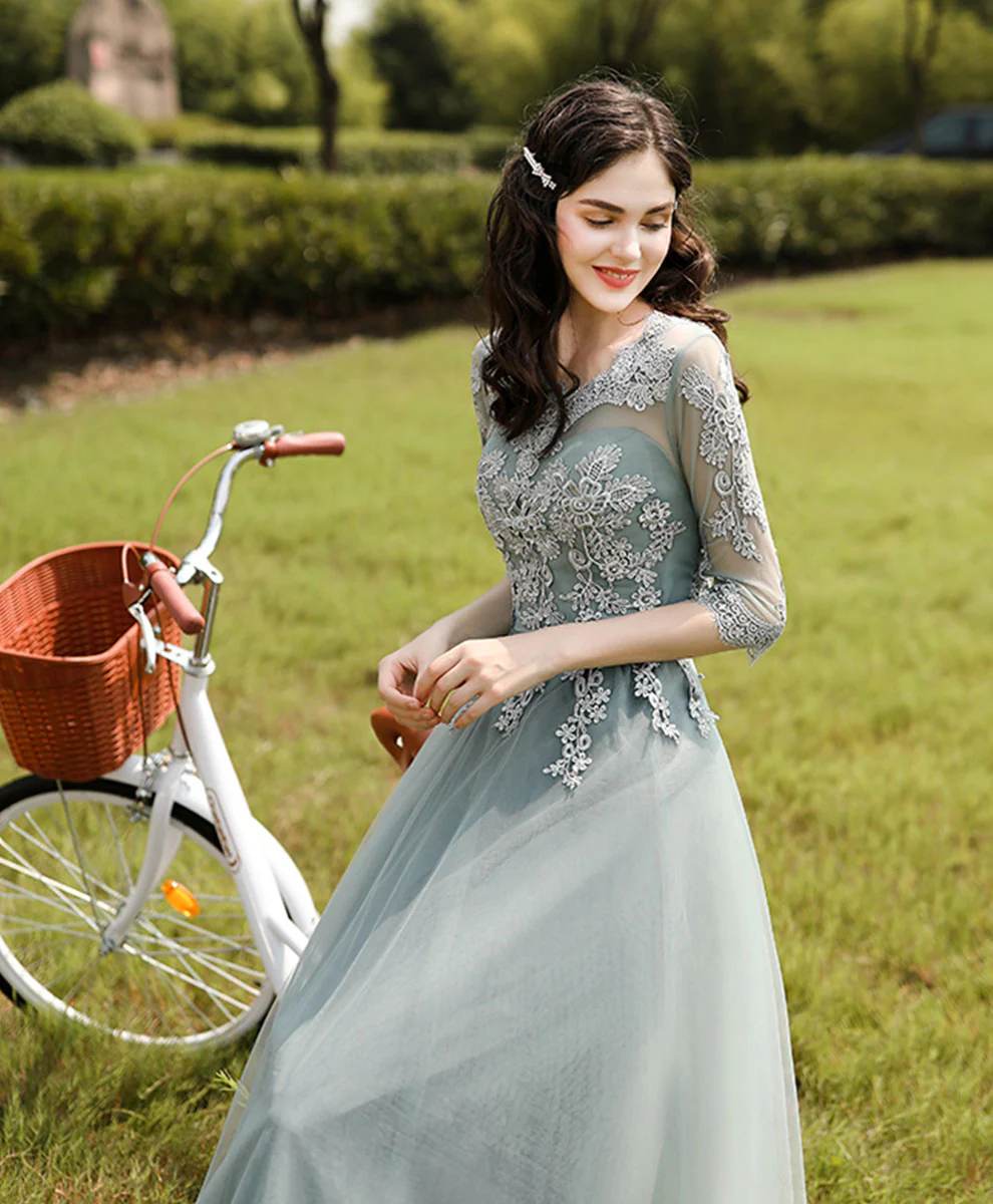 Green Tulle Lace Long Prom Dress, Green Tulle Lace Bridesmaid Dress - Deanwangkt