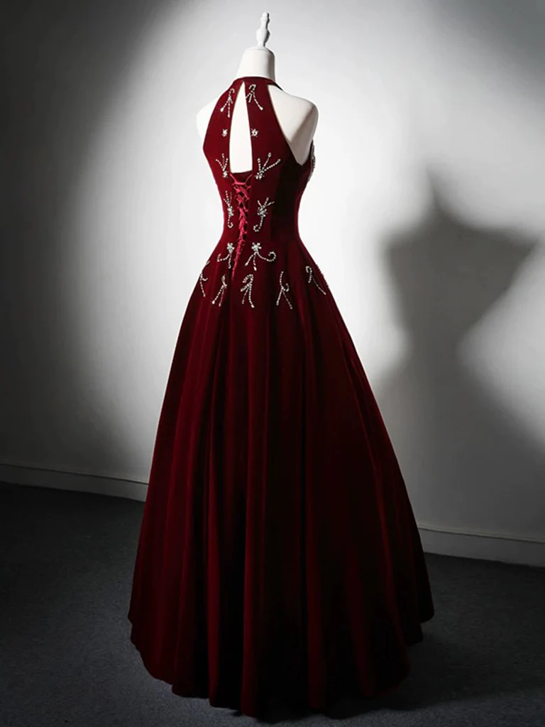 A-Line Velvet Sequin Beads Burgundy Long Prom Dress, Burgundy Long Formal Dress - Deanwangkt