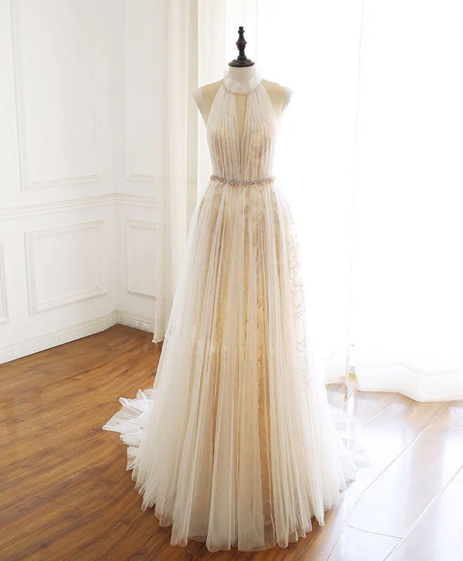 Champagne Tulle Lace Long Prom Dress, Champagne Evening Dress - Deanwangkt