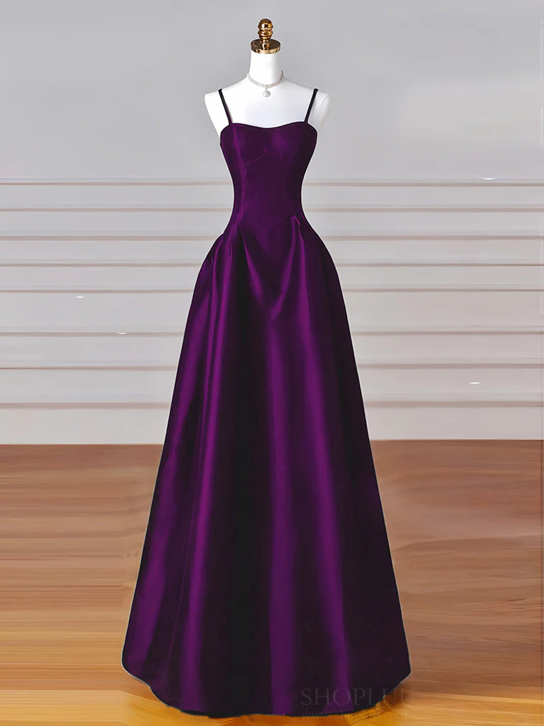 Simple A-Line Dark Purple Satin Long Prom Dress, Dark Purple Long Formal Dress - Deanwangkt