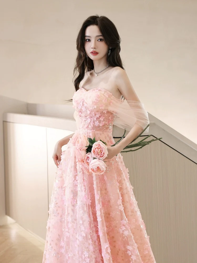 A-Line Off Shoulder Pink Long Prom Dress, Pink Long Graduation Dress - Deanwangkt