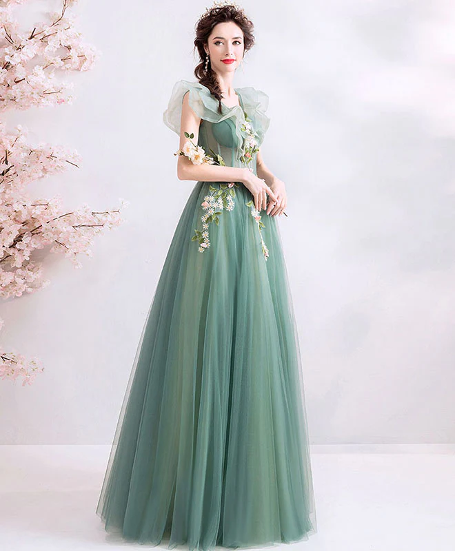 Green V Neck Tulle Lace Long Prom Dress, Green Evening Dress - Deanwangkt