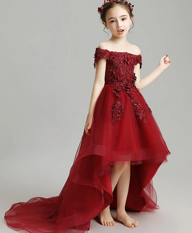 Burgundy High Low Tulle Lace Flower Girl Dress, Party Girl Dress - Deanwangkt