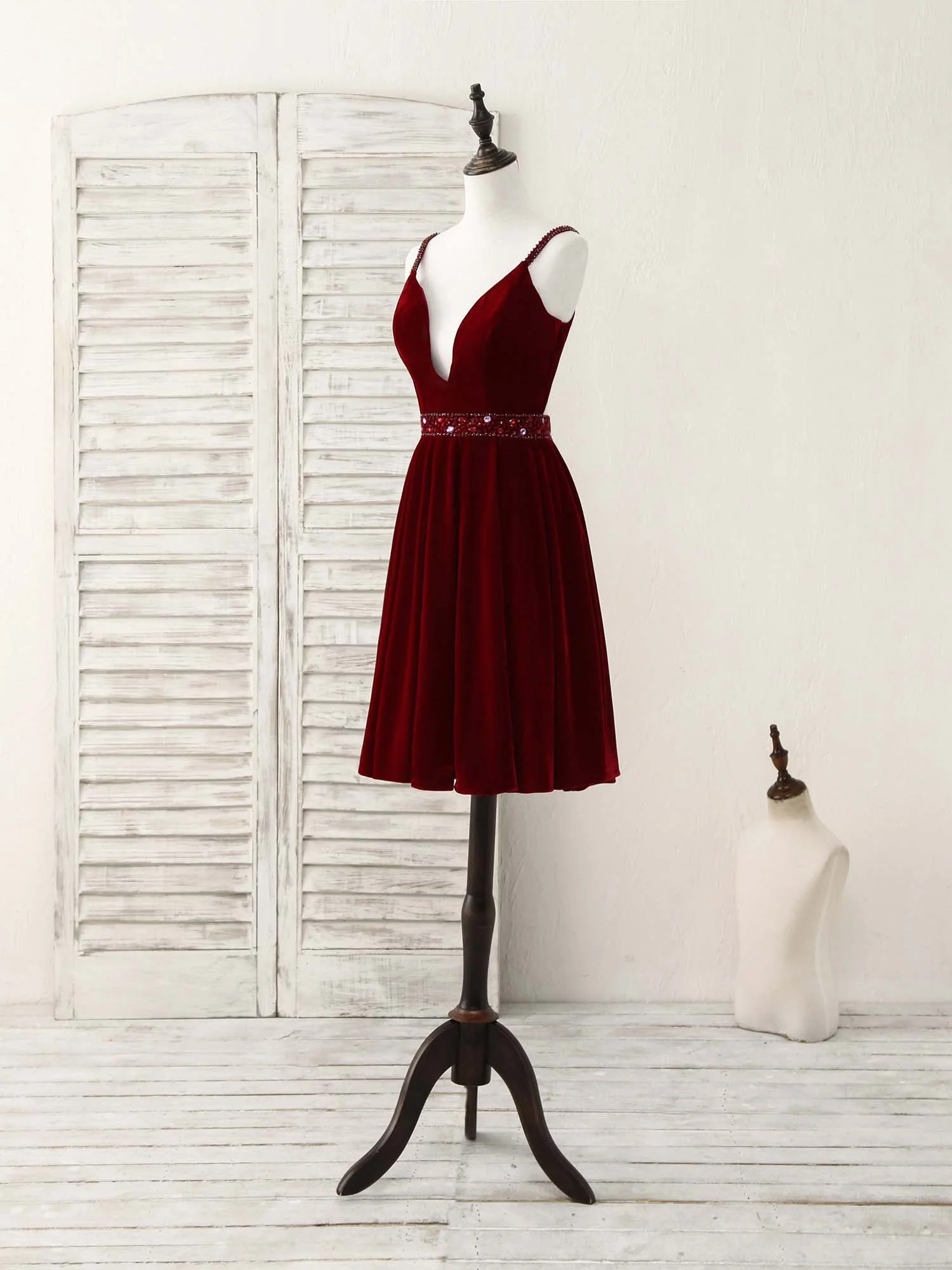 Burgundy V Neck Velvet Short Prom Dress, Burgundy Homecoming Dress - Deanwangkt
