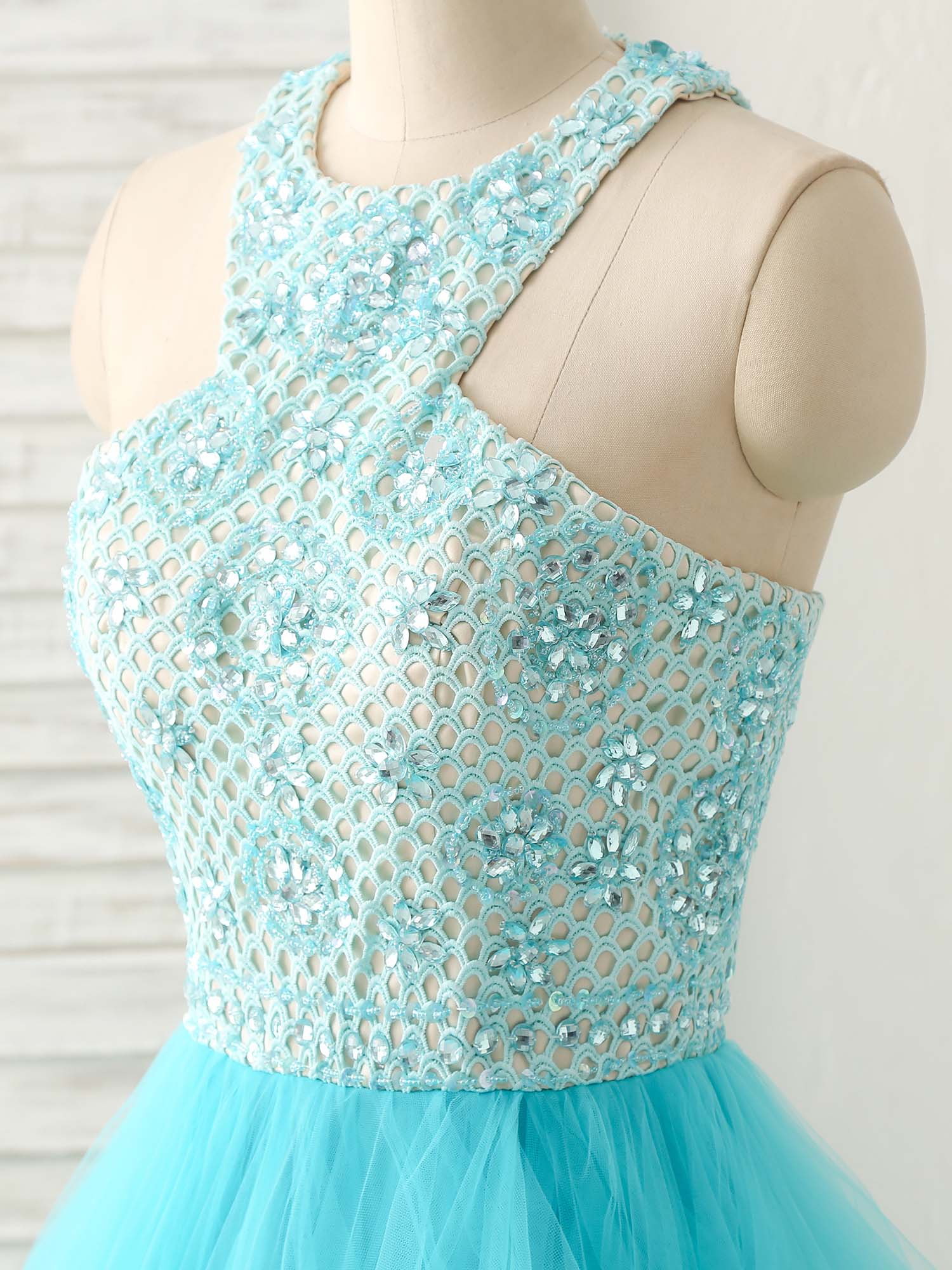 Blue High Neck Tulle Long Prom Dress Blue Evening Dress - Deanwangkt