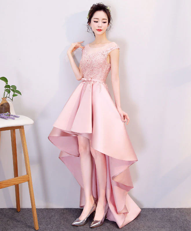 Pink High Low Lace Prom Dress, Pink Formal Bridesmaid Dress - Deanwangkt