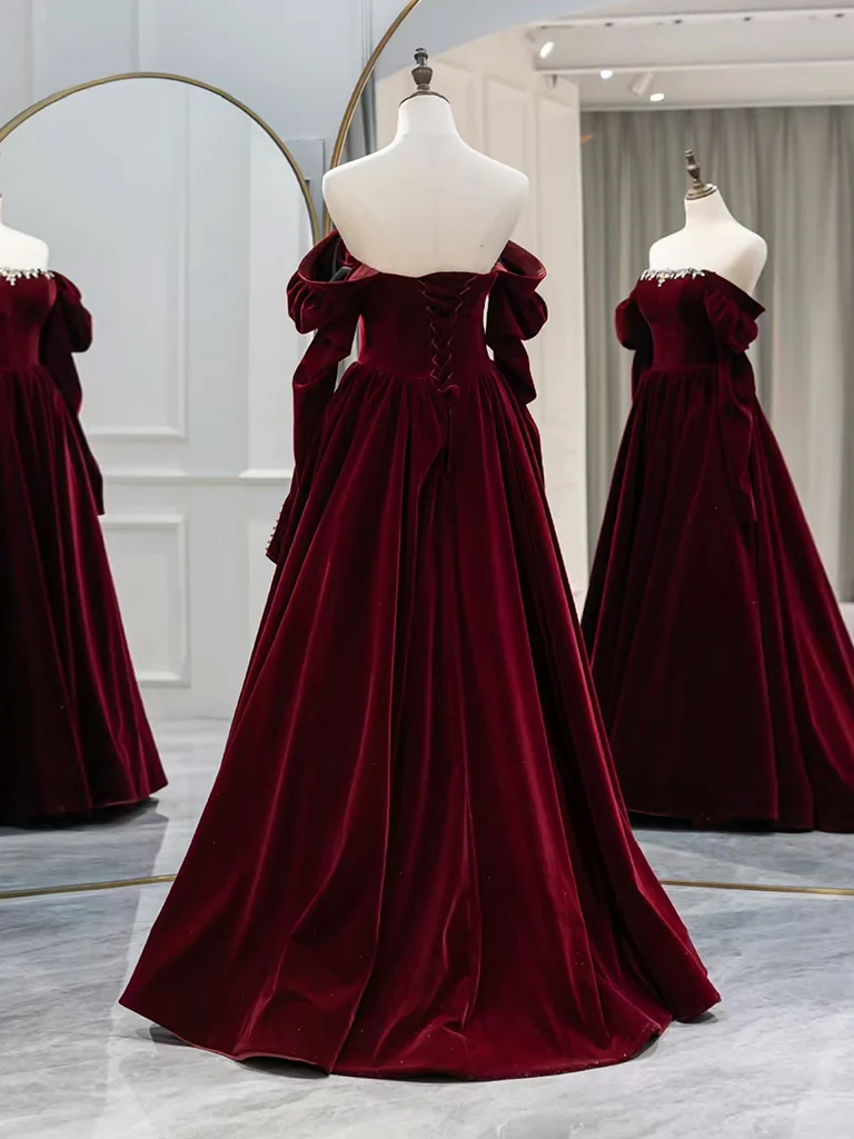 A-Line Long Sleeves Velvet Burgundy Long Prom Dress, Burgundy Long Evening Dress with Beads - Deanwangkt