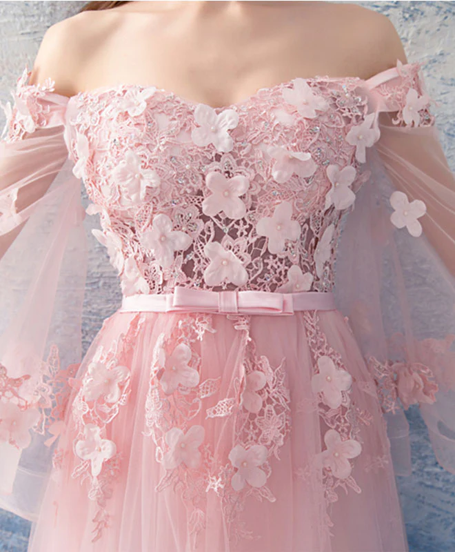 Pink Tulle Lace Long Prom Dress, Pink Evening Dress - Deanwangkt