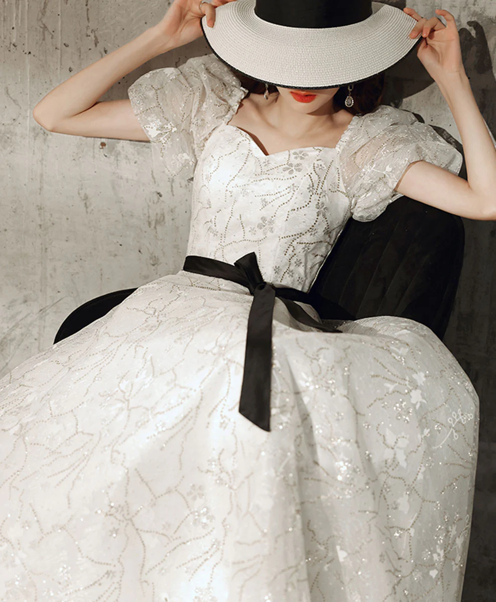A line White Tulle Lace Sequin Long Prom Dress, White Formal Graduation Party Dress - Deanwangkt