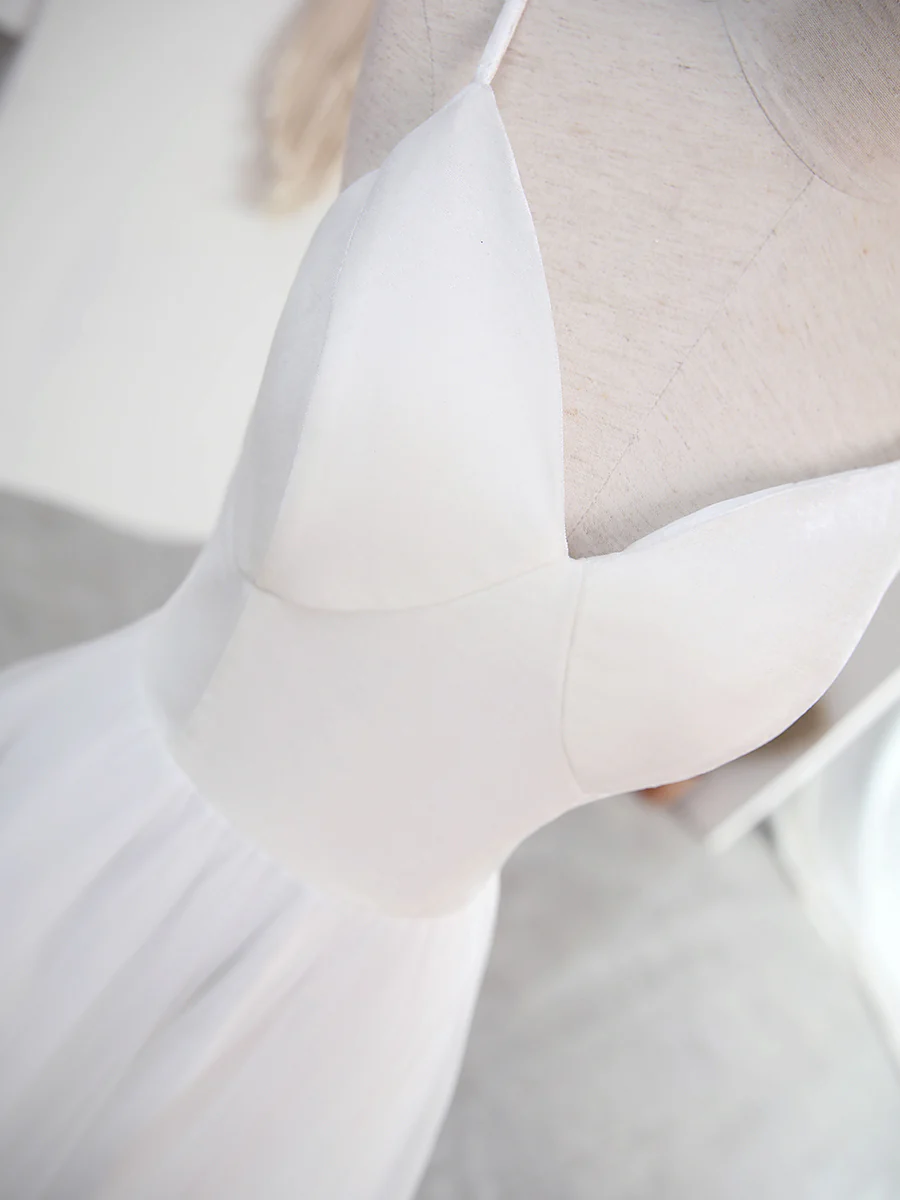 Simple V Neck Tulle Tea Length White Prom Dress, White Bridesmaid Dress - Deanwangkt