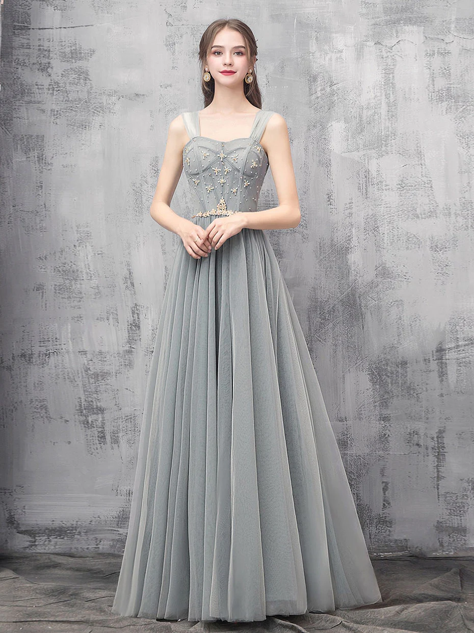Gray A-line Off Shoulder Tulle Beads Long Prom Dress, Gray Evening Dress - Deanwangkt
