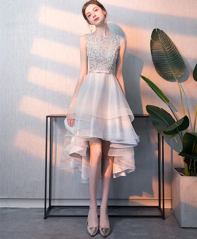 Gray Tulle Sequin Tulle Short Prom Dress, Gray Tulle Evening Dress - Deanwangkt