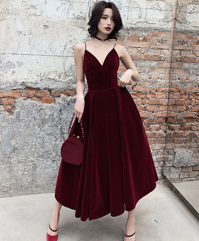 Simple Burgundy Tea Length Prom Dress, Burgundy Bridesmaid Dress - Deanwangkt