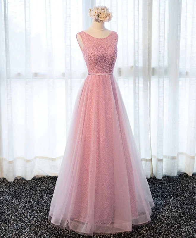 A Line Round Neck Tulle Long Prom Dress, Lace Evening Dress - Deanwangkt
