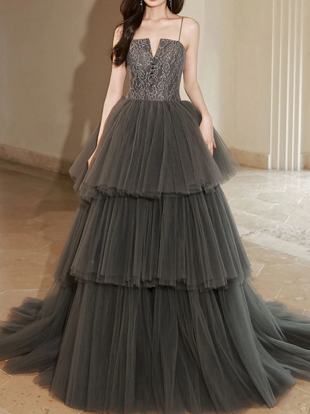 Gray Lace Long Prom Dresses, Lace Formal Gray Graduation Dresses - Deanwangkt