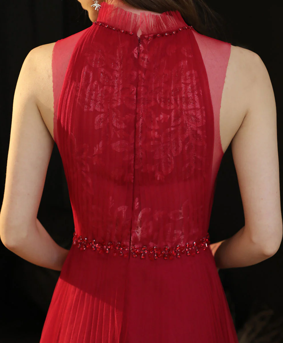 Burgundy High Neck Tulle Lace Long Prom Dress, Burgundy Formal Evening Dress - Deanwangkt