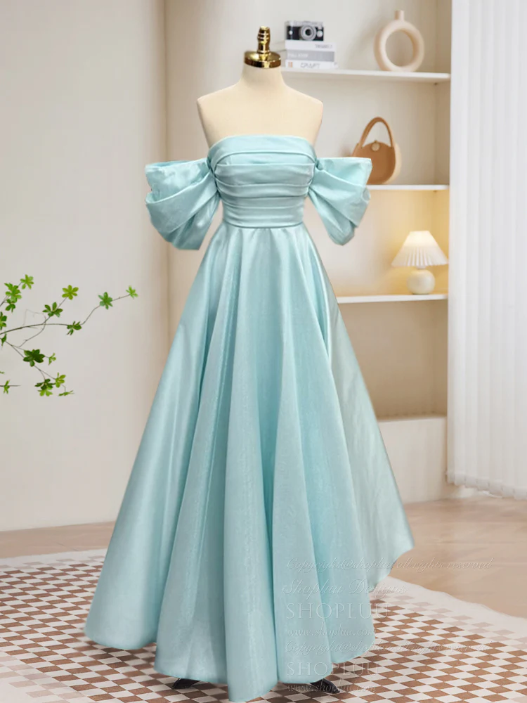 A-Line Off Shoulder Blue Long Prom Dress, Blue Long Formal Dress - Deanwangkt