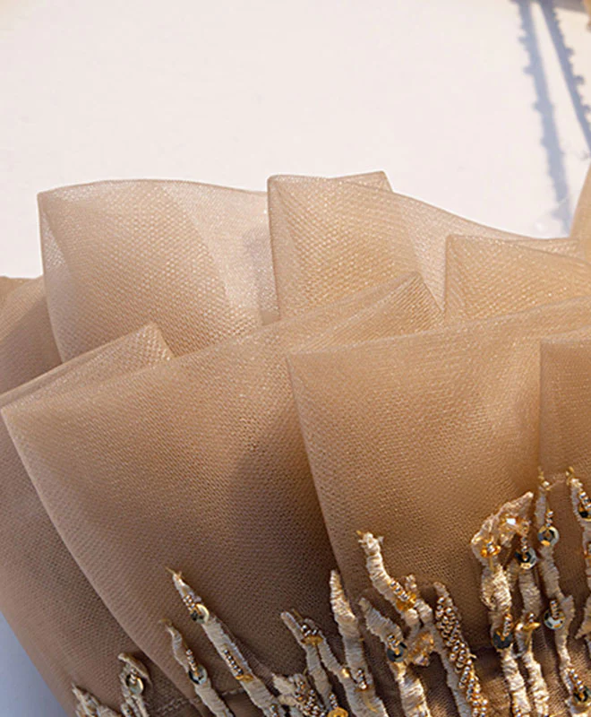 Champagne Tulle Lace Long Prom Dress Champagne Evening Dress - Deanwangkt