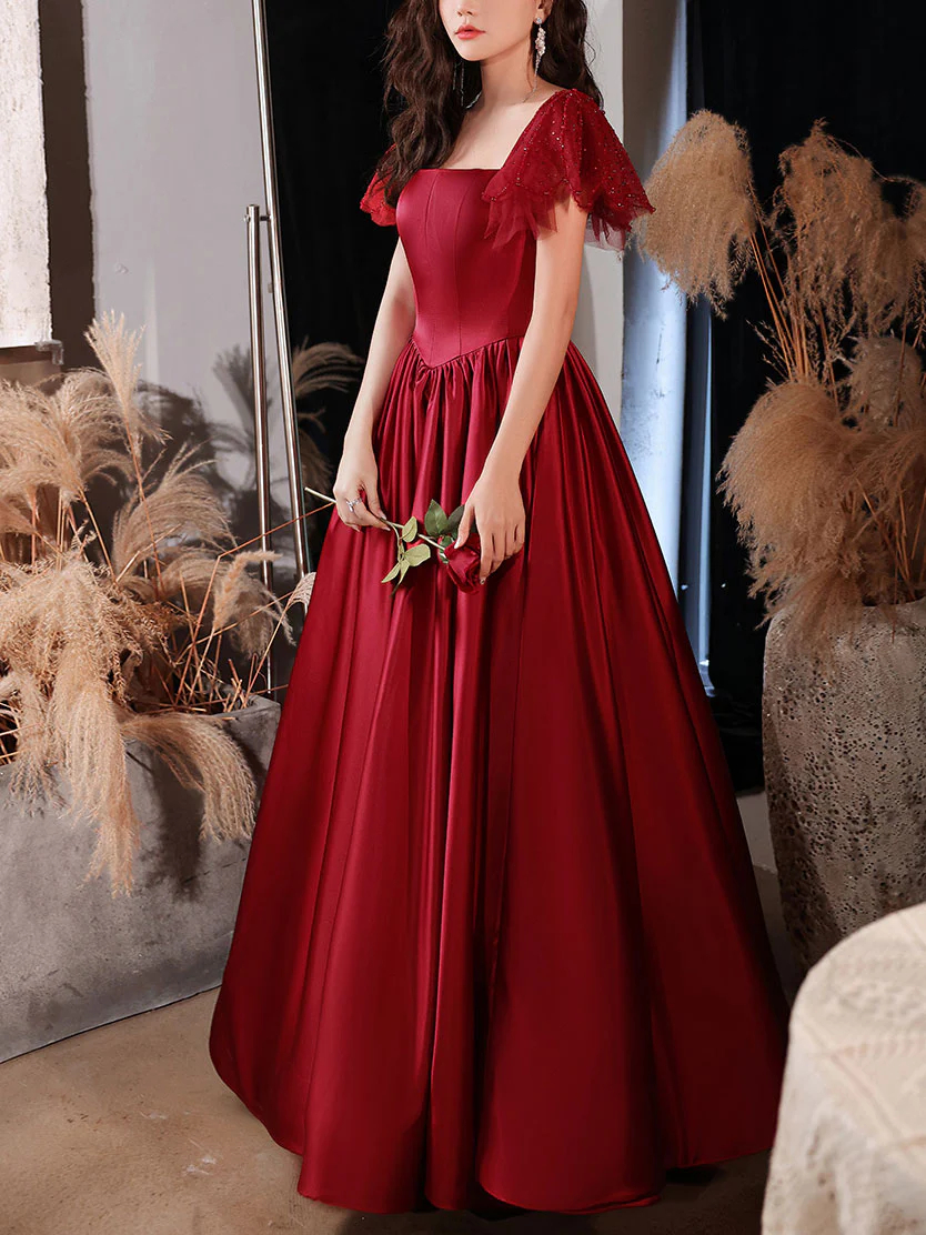 Simple Burgundy Satin Long Prom Dress, Burgundy Bridesmaid Dress - Deanwangkt