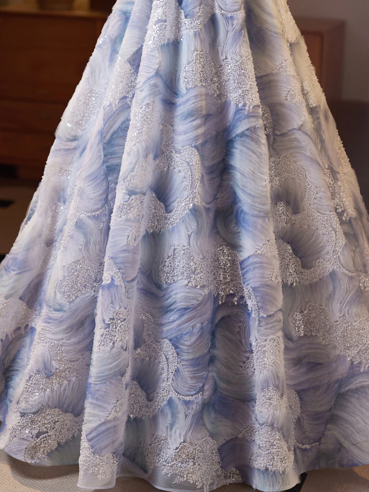 A-Line Sweetheart Neck Flower Blue Long Prom Dress, Blue Evening Dress - Deanwangkt