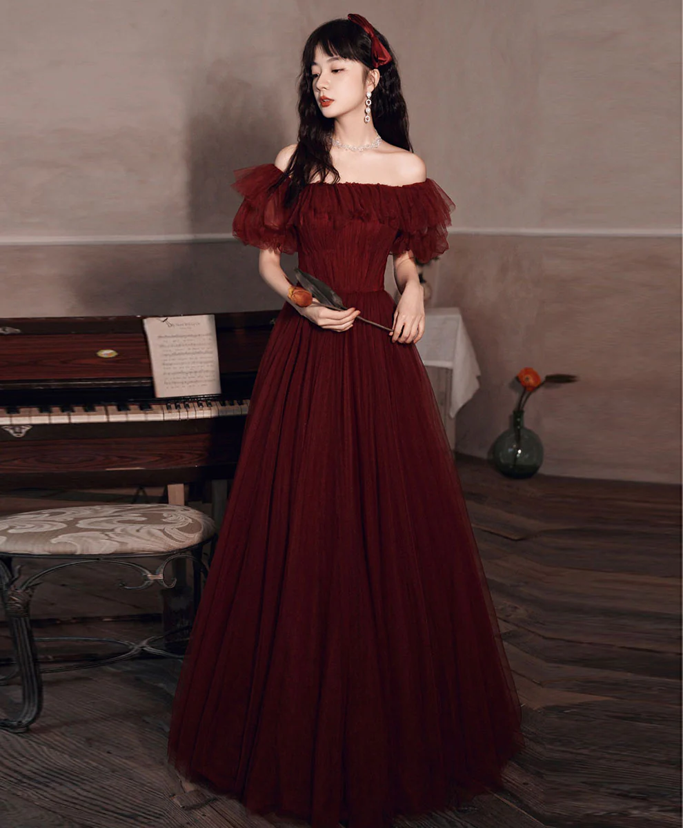 Simple Burgundy Off Shoulder Tulle Long Prom Dress Burgundy Evening Dress - Deanwangkt