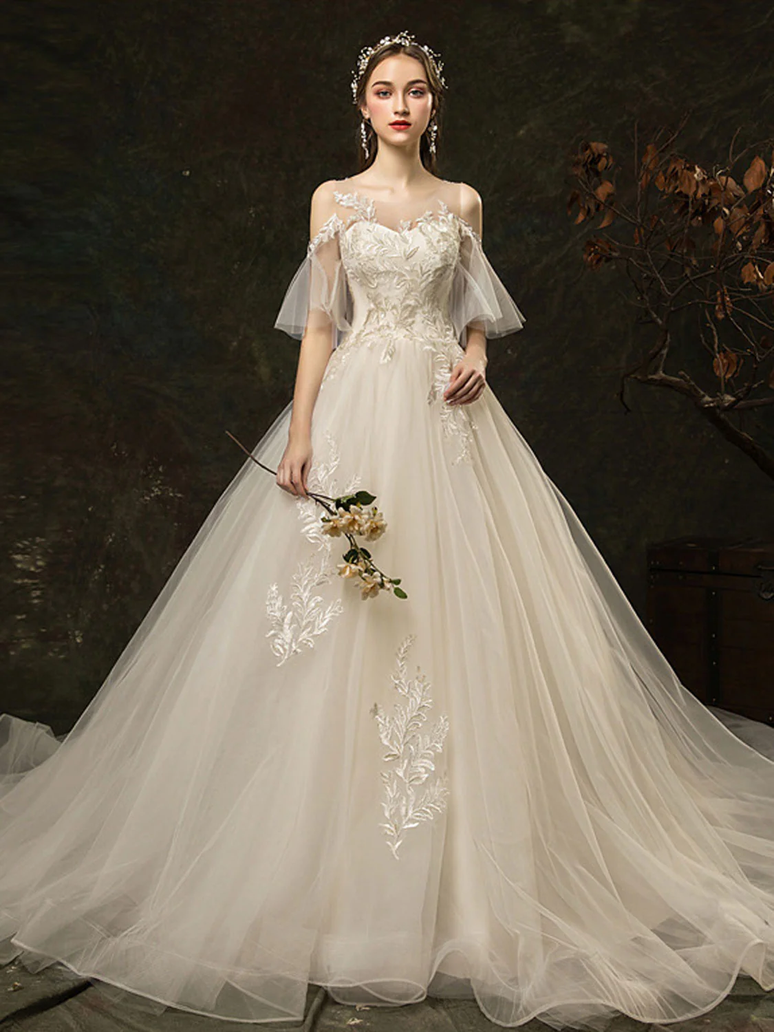 White Round Neck Tulle Lace Long Wedding Dress, Bridal Dress - Deanwangkt