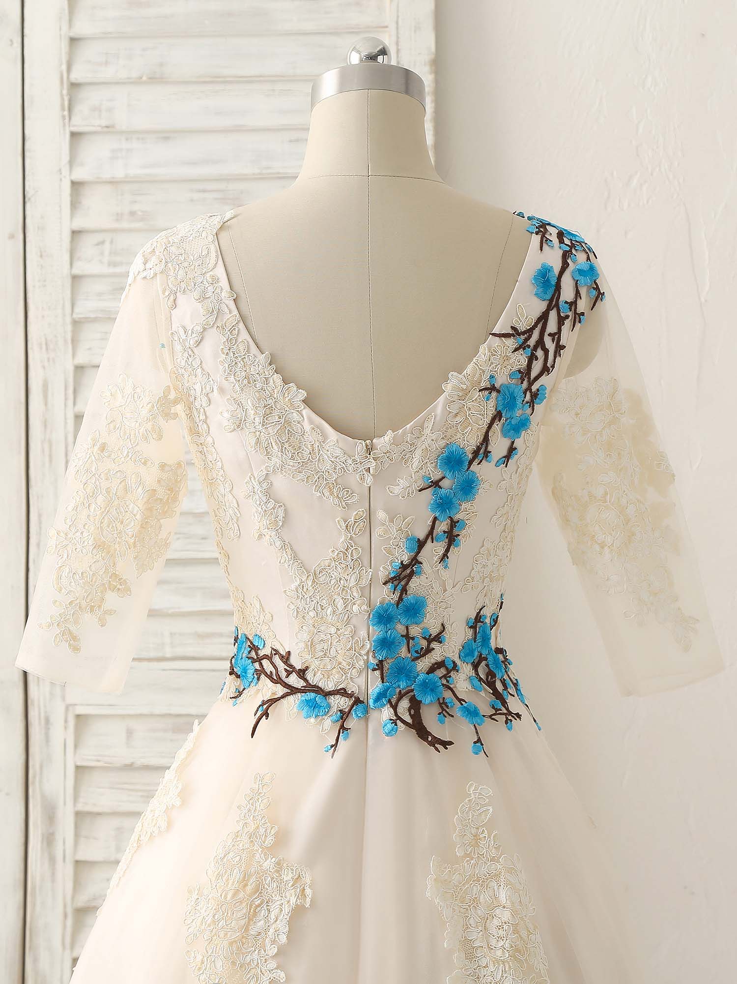 Unique Lace Applique Tulle Long Prom Dress Light Champagne Bridesmaid Dress - Deanwangkt