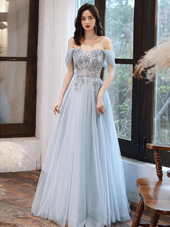 Blue Tulle Off Shoulder Tulle Lace Long Prom Dress, Blue Formal Dress - Deanwangkt