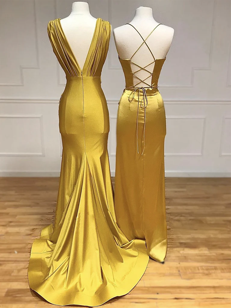 Simple Satin Gold Long Prom Dress, Gold Satin Long Formal Dress - Deanwangkt