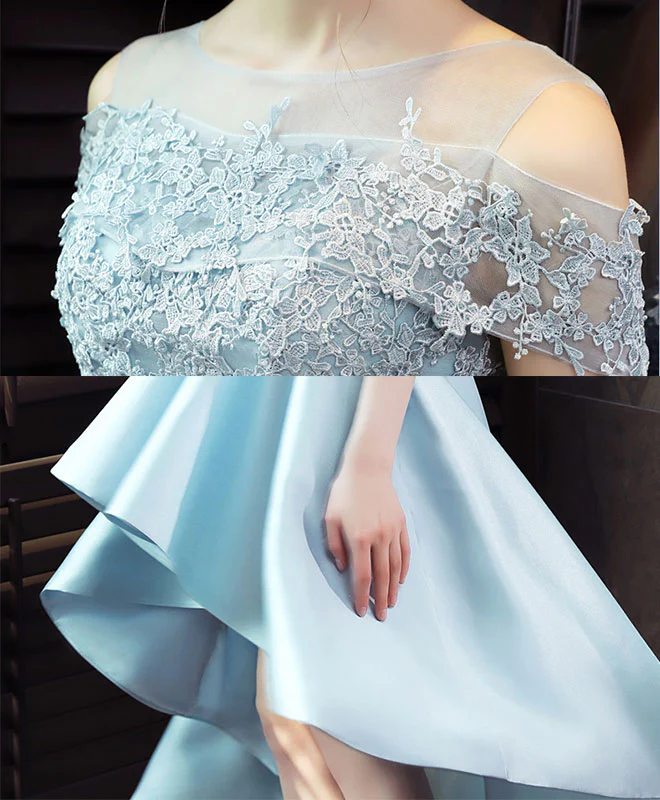 Light Blue Satin Lace Prom Dress, Blue Lace Evening Dress - Deanwangkt