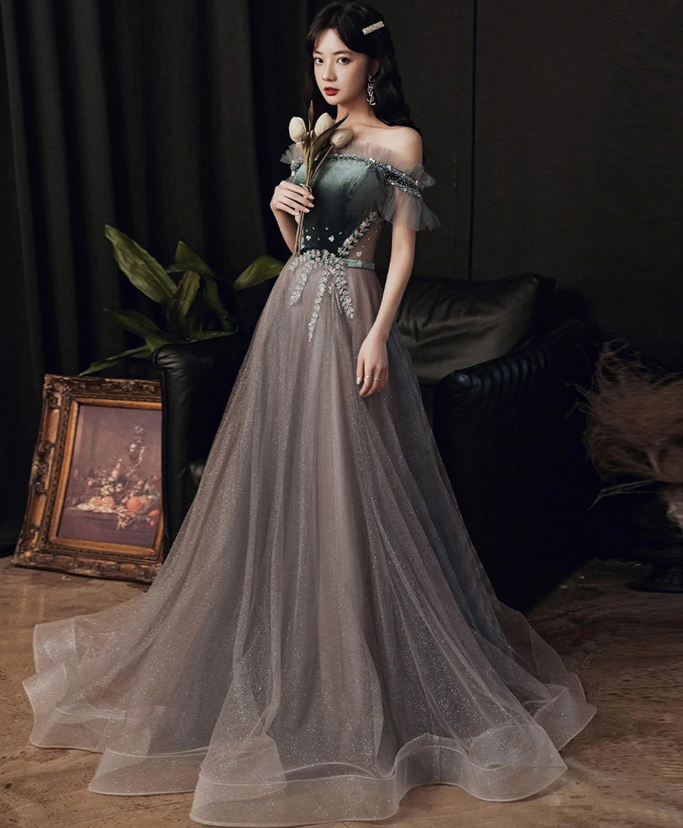 Green/Gray Sequin Long Prom Dresses, Green/Gray Formal Graduation Dress with Beading - Deanwangkt