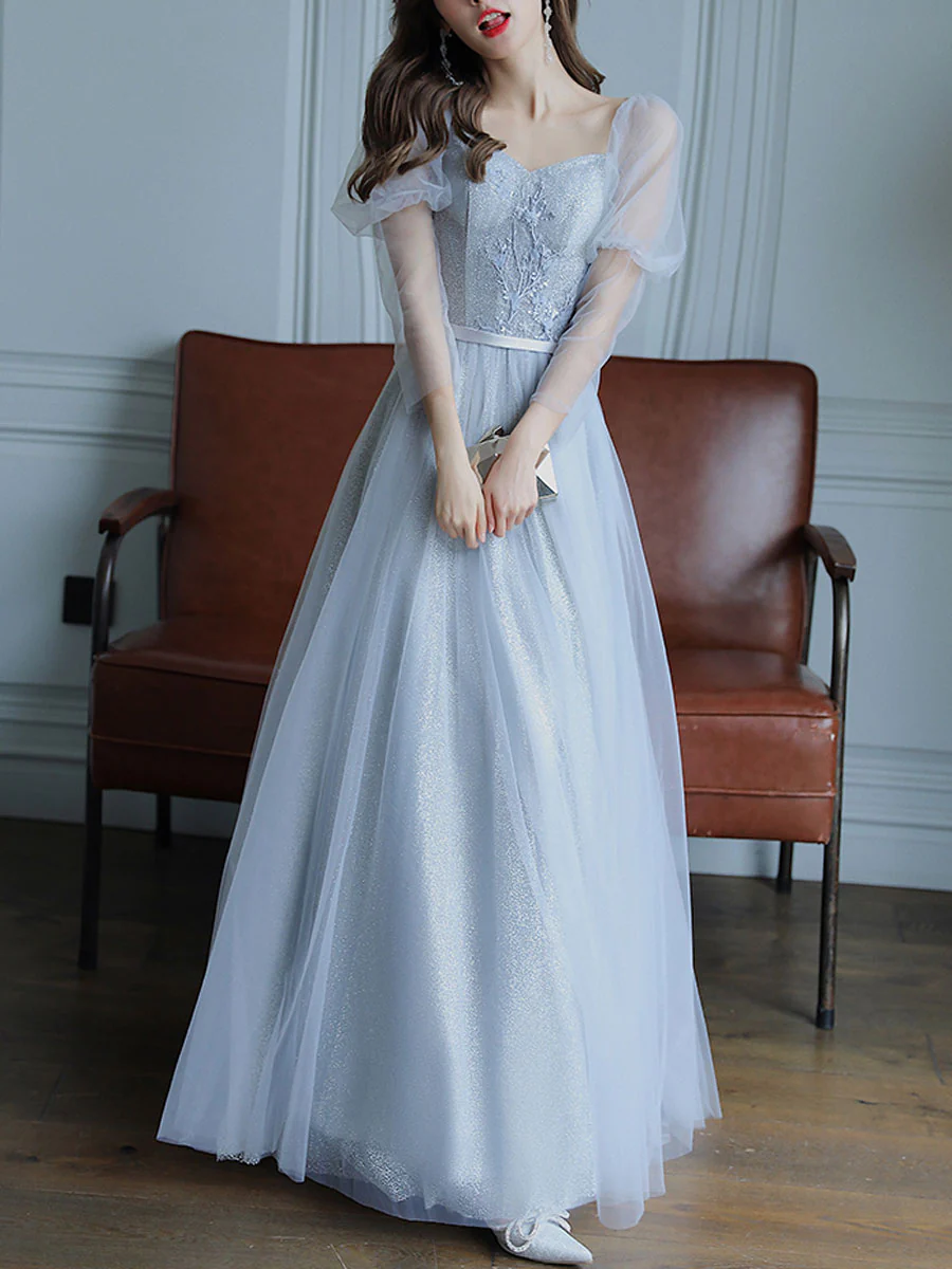 Simple Light Blue Tulle Lace Long Prom Dress, Lace Long Bridesmaid Dress - Deanwangkt