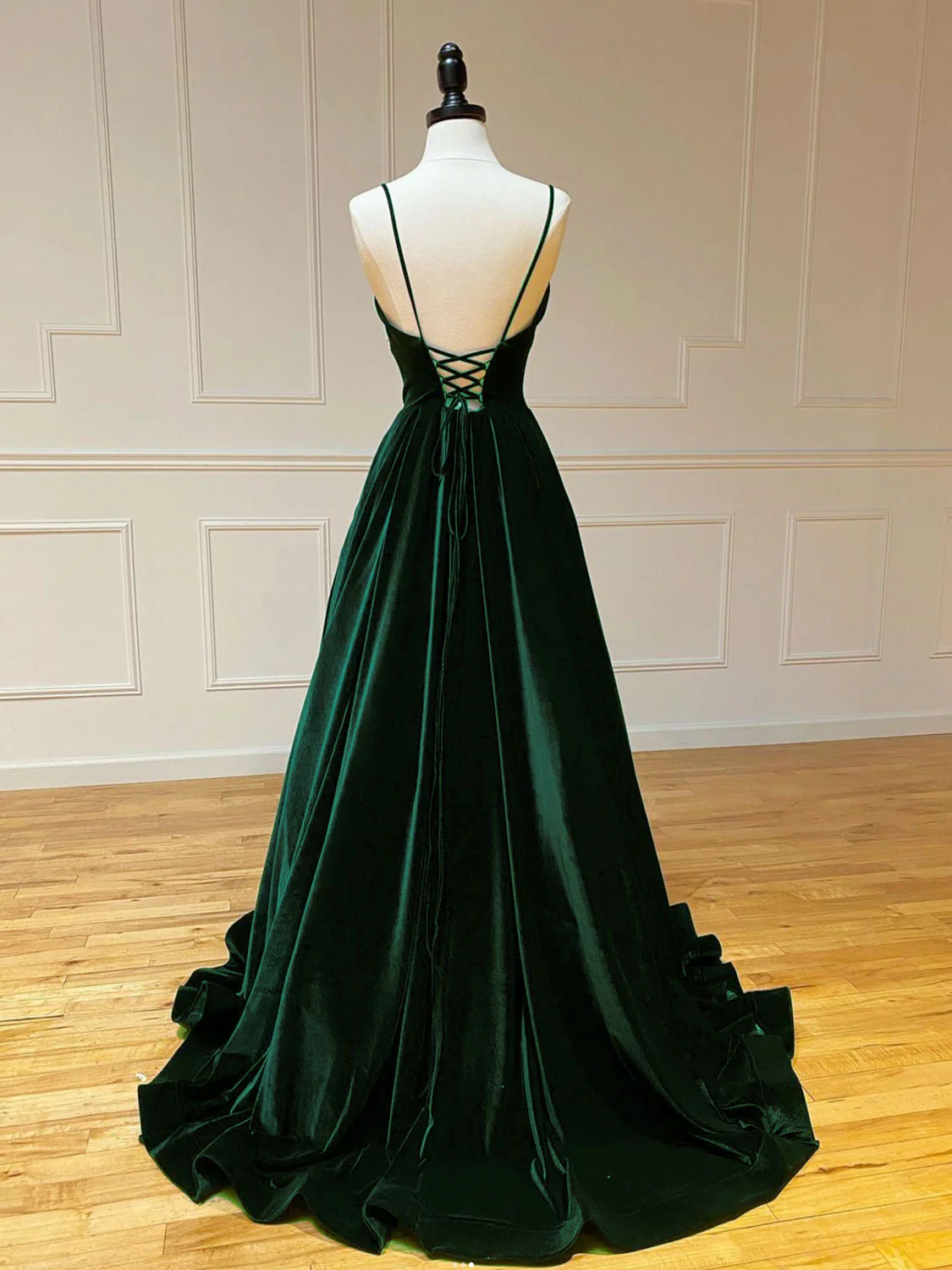A-Line V Neck Velvet Green Long Prom Dresses, Green Velvet Formal Dress - Deanwangkt