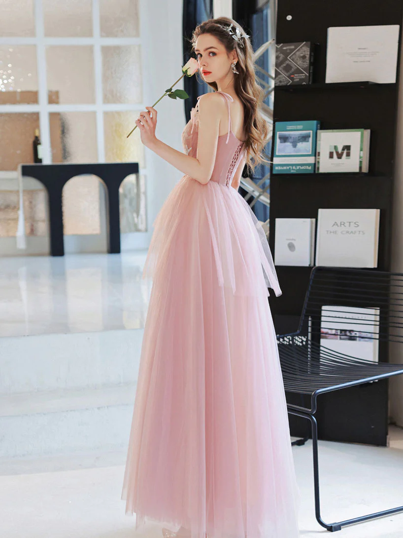 Pink Tulle A line Long Prom Dress, Pink Tulle Evening Dresses - Deanwangkt