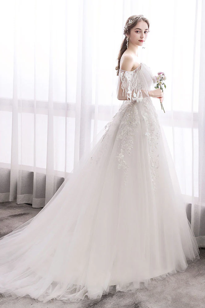 White Sweetheart Lace Tulle Long Wedding Dress, Lace Bridal Dress - Deanwangkt