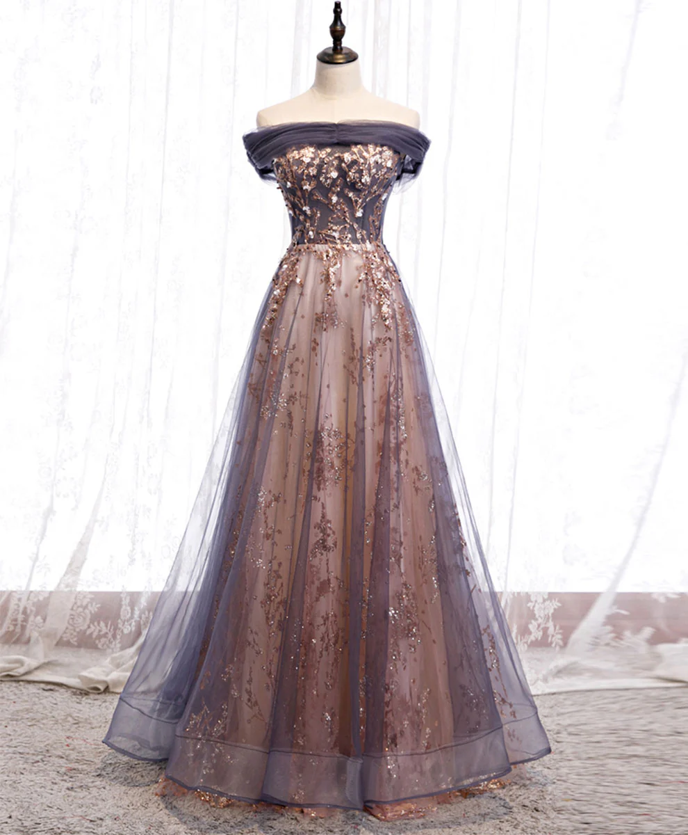 Unique Tulle Off Shoulder Lace Long Prom Dress Lace Formal Dress - Deanwangkt