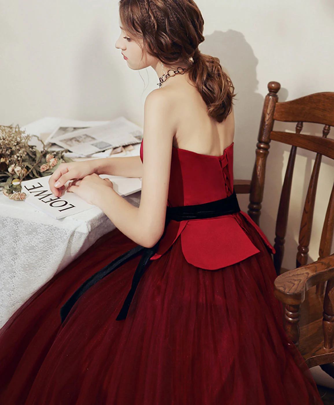 Simple Burgundy Tulle Tea Length Short Prom Dress Bridesmaid Dress - Deanwangkt