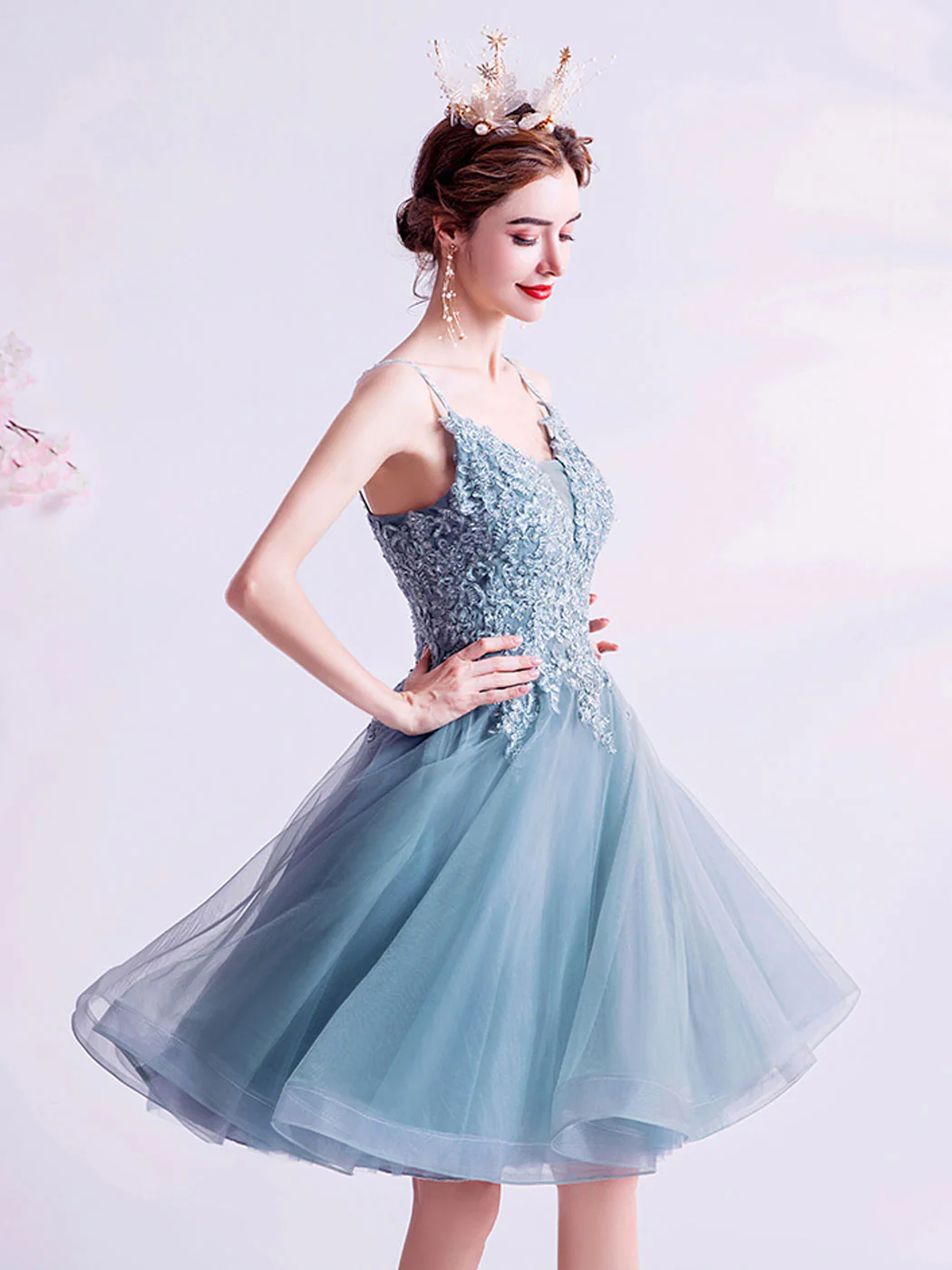 Gray V Neck Tulle Lace Blue Short Prom Dress Puffy Blue Homecoming Dress - Deanwangkt